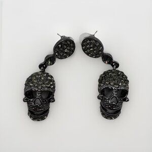 Black Rhinestone Skull Dangle Earrings Halloween Goth Biker